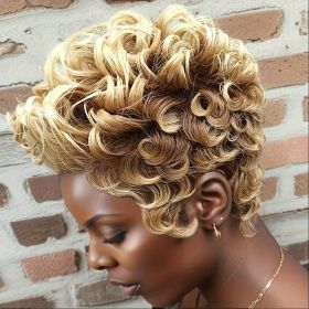 Ombre Brown to Blonde Short Curly Afro Wig - Voluminous Synthetic Hair for Women, Natural-Looking Afro Kinky Style