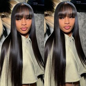 Straight Human Hair Wigs With Bangs Full Machine Made Wig Cheap Brazilian Hair Wigs Short Bob Wigs 3x1 HD Lace Wigs (Density: 150 density, Stretched Length: 26inches)