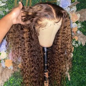 13x4 Hd Lace Water Deep Wave 13x6 Frontal Wig Highlight Honey Brown RemyCurly Human Hair Wigs 30 Inch Colored Bob For Women (Stretched Length, Density: 36inches, 180%, Color: 13x4 Lace Wig)