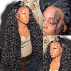 Deep Wave Frontal Wig 13x4 13x6 Hd Transparent Lace Frontal Wig Glueless 5X5 4X4 Wig 28 30 Inch Curly Lace Front Human Hair Wigs (Stretched Length, Density: 32inches, 180 density, Color: 13x4 Lace Wig)