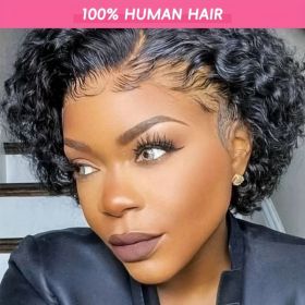 [Curly Human Hair Pixie Cut Wig] 6-Inch Curly Human Hair Wig - Elegant Pixie Cut for Women - 130% Density, Natural Color, 13x1 Lace Frontal (Hair Length: 6inch, Color: P4/27#)