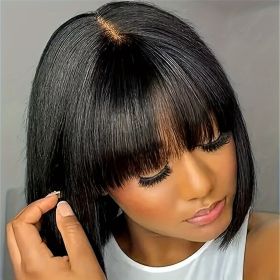 Elegant Straight Bob Human Hair Wig with Bangs - 180% Density, Glueless HD Lace Front, Natural Scalp Coverage, Vacation-Style for Women (Hair Length: 12inch, Color: Black)